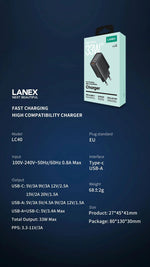 Lanex LC40 Wall Fast Charger, 2 Ports, 33 Watt - Black