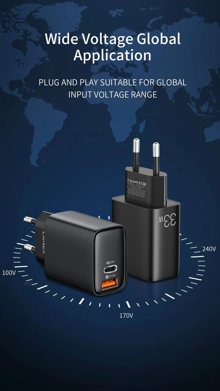 Lanex LC40 Wall Fast Charger, 2 Ports, 33 Watt - Black